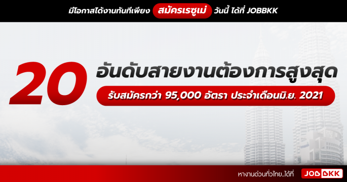 20 อันดับสายงานต้องการสูงสุด รับสมัครกว่า 95,000 อัตรา ประจำเดือนมิ.ย. 2021