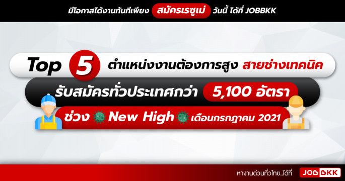 TOP 5 สายช่างเทคนิค รับสมัครทั่วประเทศกว่า  5,100 อัตรา ช่วง New High เดือนก.ค. 2021